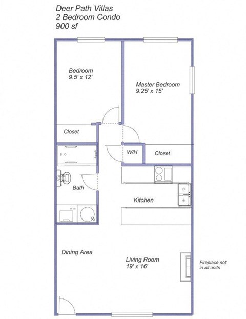 Floor plan for 2 beds, 1 bath, 900 sqft